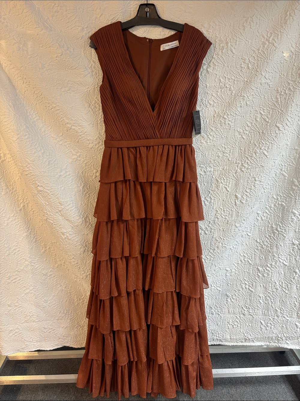 Ieena for Mac Duggal 49287 Nutmeg Tiered V-Neck Maxi Gown - Picture 3 of 9
